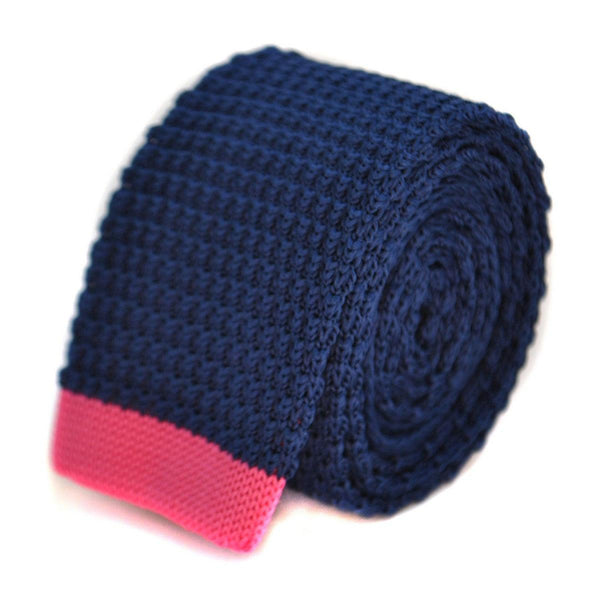 navy blue skinny knitted tie with hot pink tip