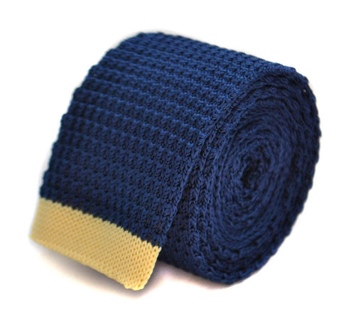 navy blue skinny knitted tie with yellow tip