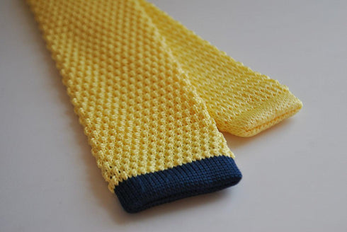 lemon yellow skinny knitted tie with navy blue tip