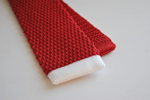 red skinny knitted tie with white tip
