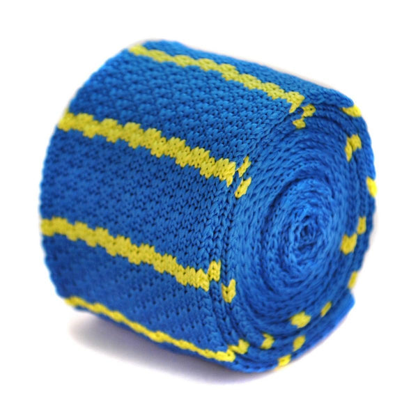 royal blue skinny knitted tie with yellow stripes