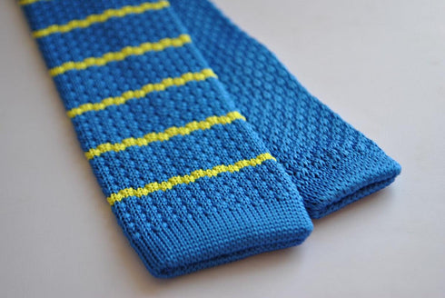 royal blue skinny knitted tie with yellow stripes