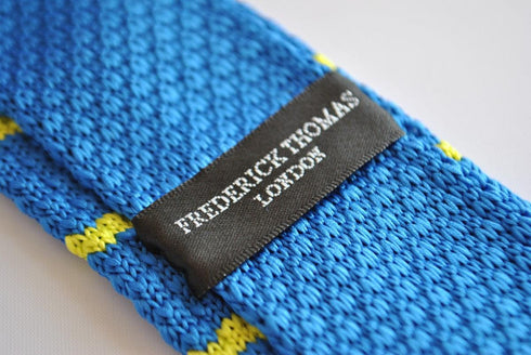 royal blue skinny knitted tie with yellow stripes