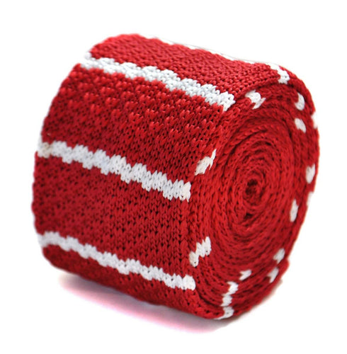 red skinny knitted tie with white stripes