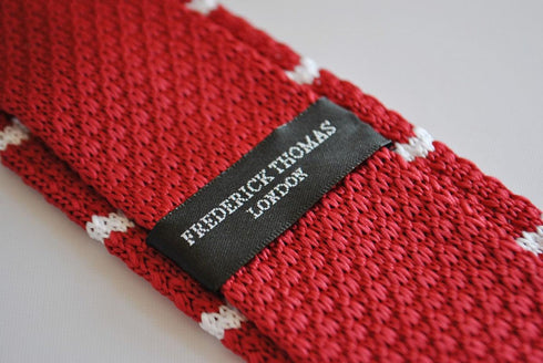 red skinny knitted tie with white stripes