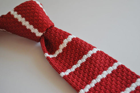 red skinny knitted tie with white stripes