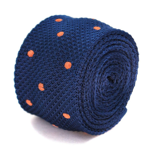 navy blue skinny knitted tie with orange polka dots