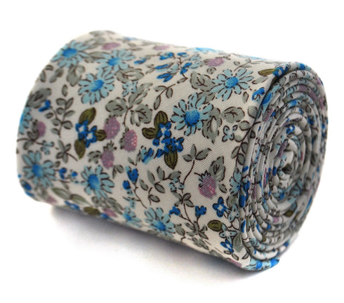 skinny cotton ivory cream tie with blue floral design