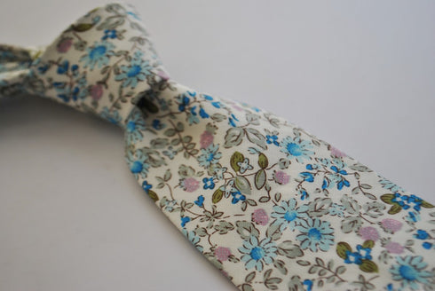 skinny cotton ivory cream tie with blue floral design