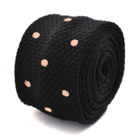 black skinny knitted tie with light blush pink polka dots