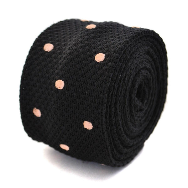 black skinny knitted tie with light blush pink polka dots