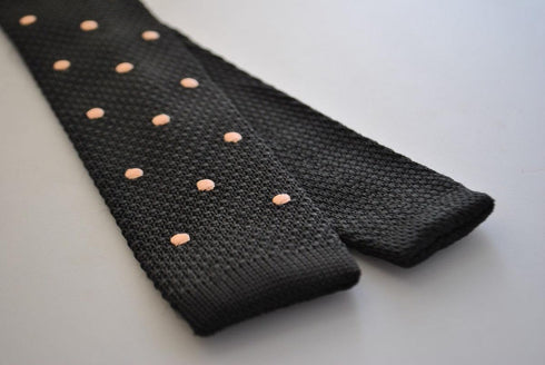 black skinny knitted tie with light blush pink polka dots
