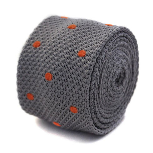 grey skinny knitted tie with orange polka dots