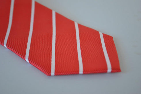 red tie with thin white stripes