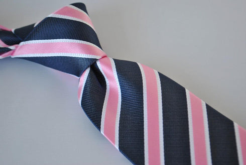 pink, navy and white striped tie