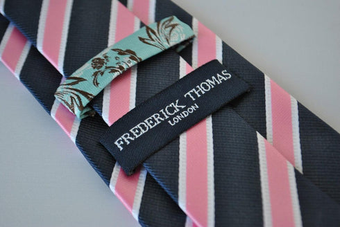 pink, navy and white striped tie