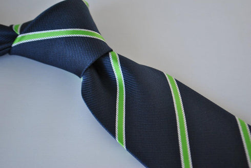 navy tie with green and white club stripes