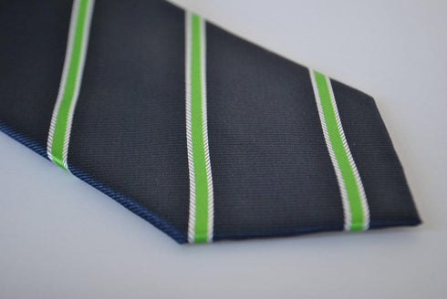 navy tie with green and white club stripes