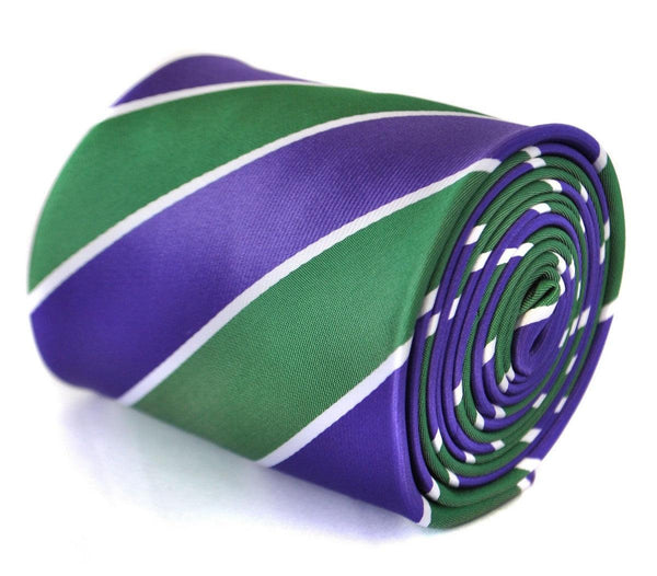 green, purple and white striped tie
