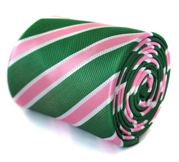 green, pink and white striped tie