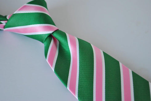 green, pink and white striped tie