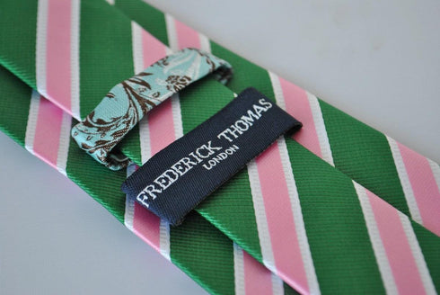 green, pink and white striped tie