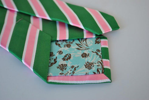 green, pink and white striped tie
