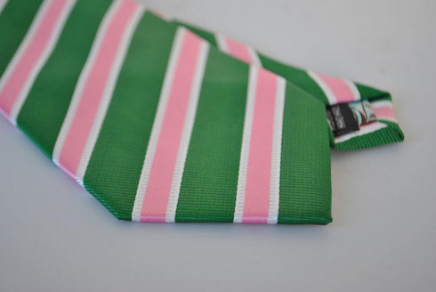 green, pink and white striped tie