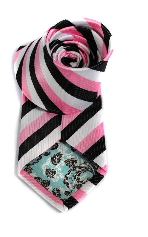 pink, black and white striped tie
