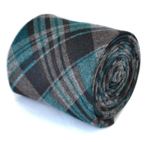 turquoise and grey check skinny tweed wool tie