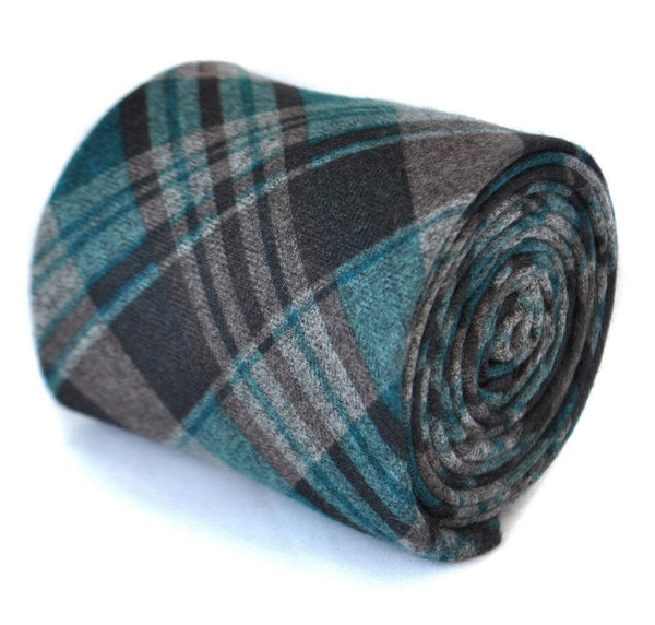 turquoise and grey check skinny tweed wool tie