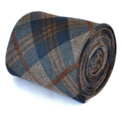 navy and brown check tweed slim wool tie