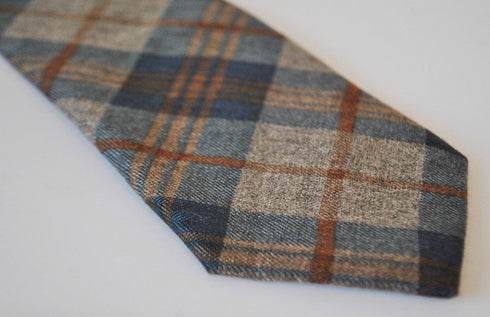 navy and brown check tweed slim wool tie
