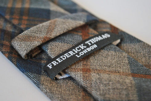 navy and brown check tweed slim wool tie