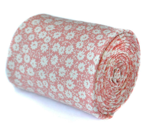 pale orange peach floral skinny tie in 100% cotton linen