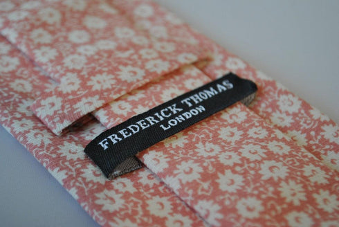 pale orange peach floral skinny tie in 100% cotton linen