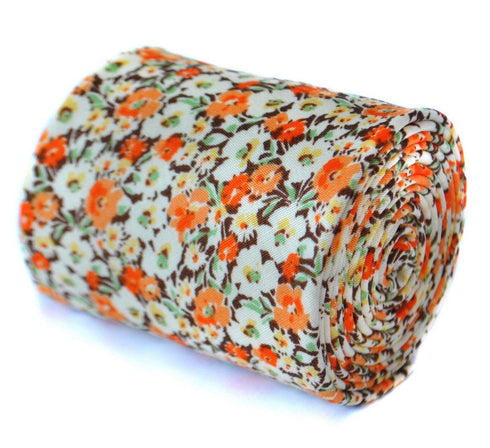 cotton tie with orange and brown floral design