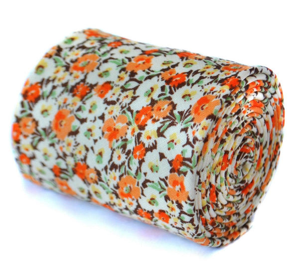 cotton tie with orange and brown floral design