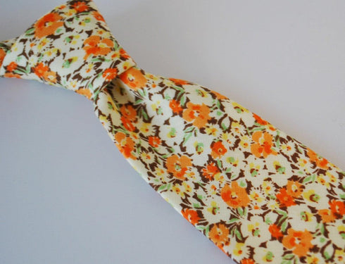 cotton tie with orange and brown floral design