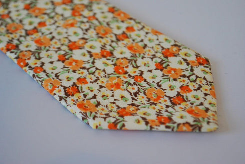 cotton tie with orange and brown floral design