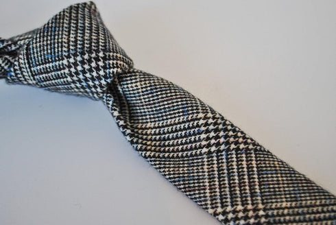 black, blue and grey check tweed skinny tie