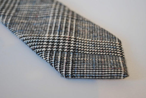 black, blue and grey check tweed skinny tie