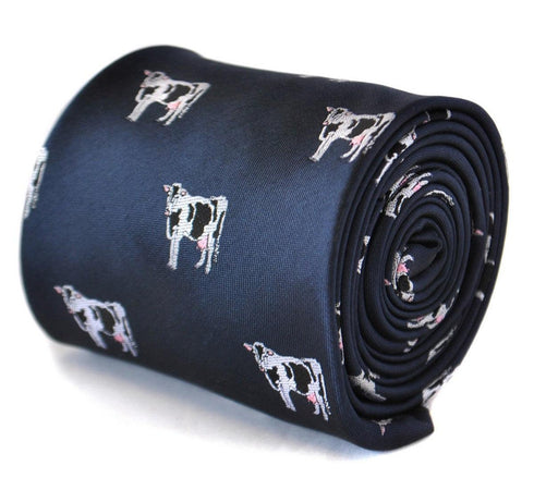navy tie with dairy cow design
