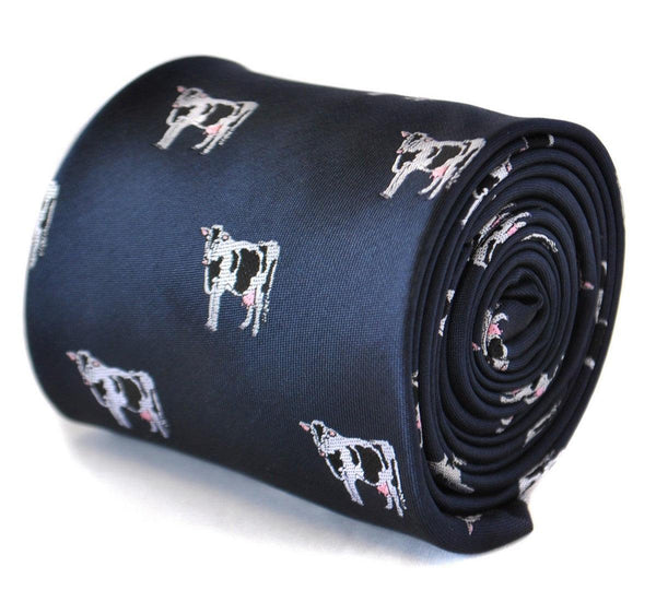 navy tie with dairy cow design
