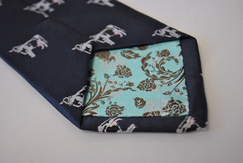 navy tie with dairy cow design