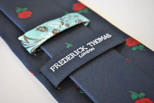 navy blue tie with red rose pattern