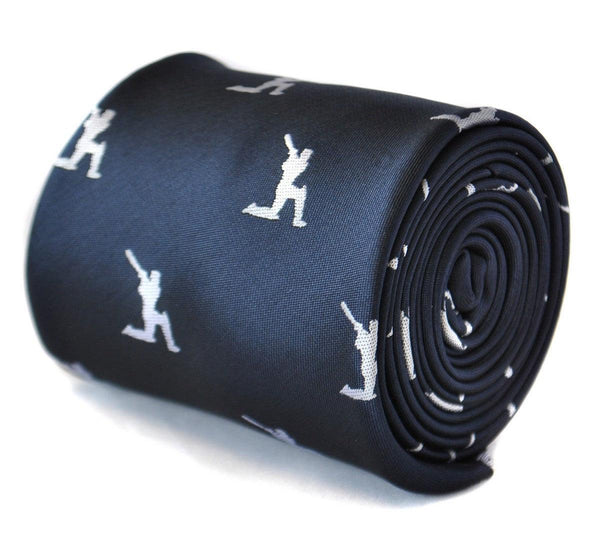 navy tie with white cricket player silhouette design