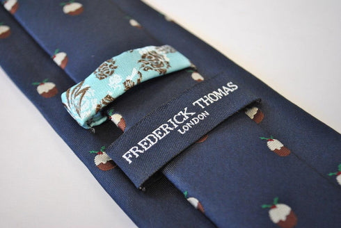 christmas range - navy christmas tie with christmas pudding design