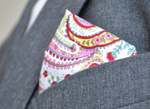 white, pink and red paisley pocket square