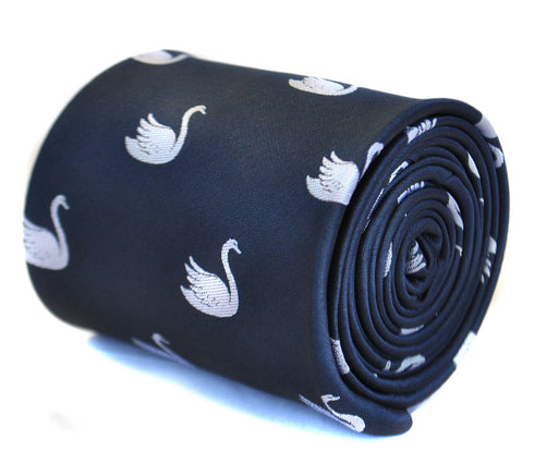 navy blue tie with swan pattern